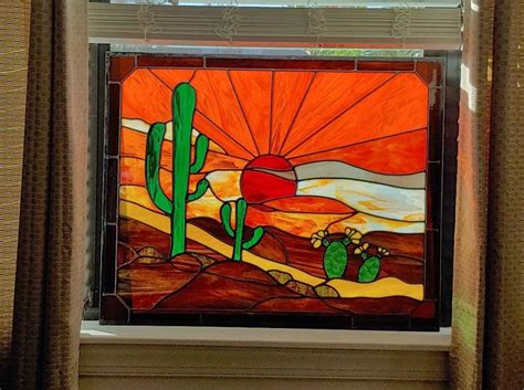 Stained Glass Cactus With Sunrise Desert Skies Morning Etsy