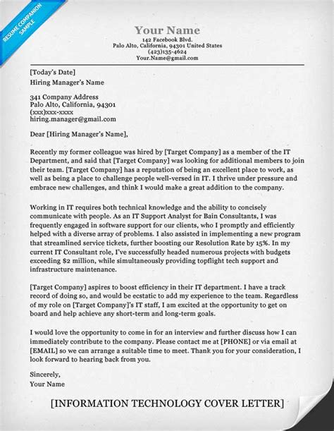 information technology  cover letter sample resume companion