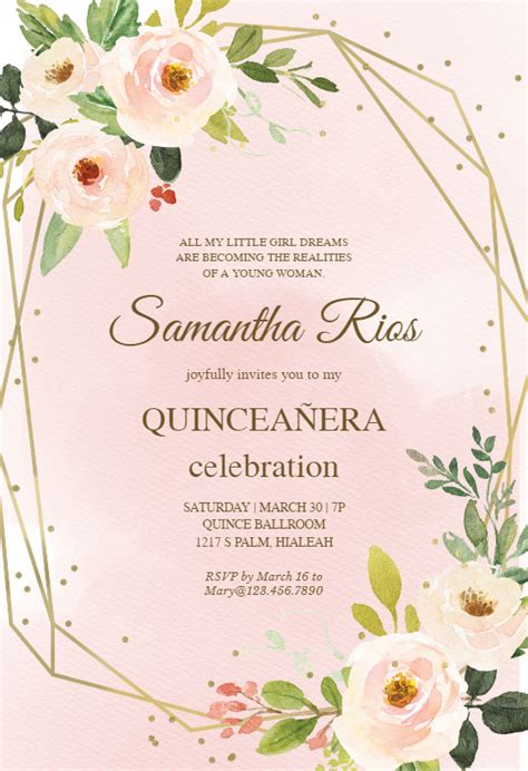 polygonal frame  flowers quinceanera invitation template