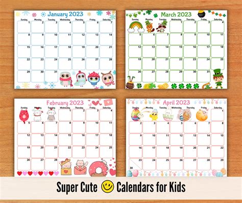 editable  calendars cute monthly calendar  kids etsy australia