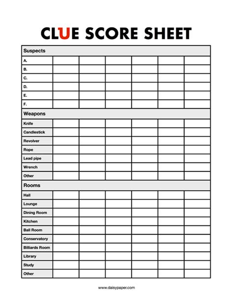 clue score sheet daisy paper