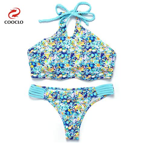 Cooclo 2019 Bikini Set Halter Flower Print Braided High Necked Swimsuit