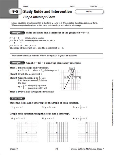 study guide  intervention writing equations  slope intercept