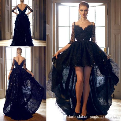 China V Collar Lace Prom Formal Gowns Black Hi Low Short
