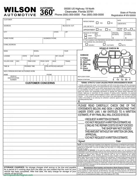 printable  auto body repair estimate template forms