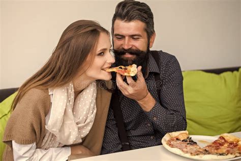 Couple Enjoys Pizza Couple Eating Pizza Stock Image Image Of