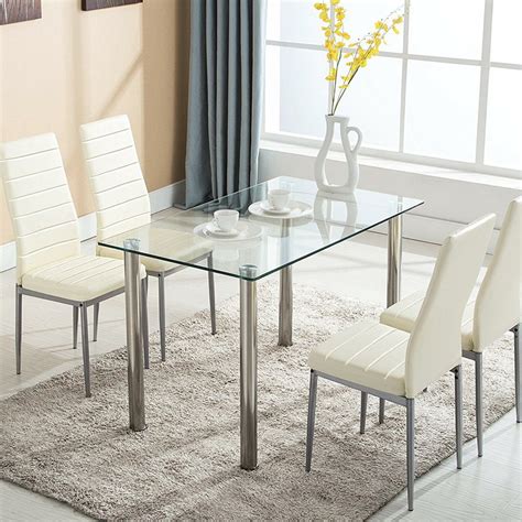 Ktaxon 5 Piece Dining Table Set Dining Table And 4 Leather Chairs Glass