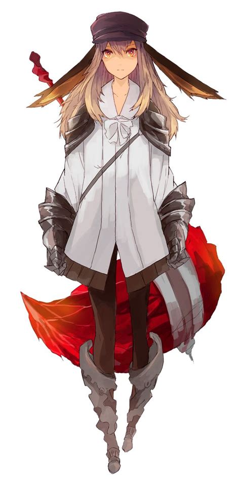 anime girl with blonde hair orange eyes bunny ears armor weapon scythe hat gloves boots