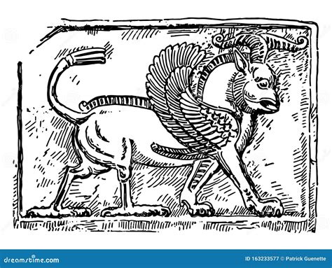 assyrian sculpture   assyrian winged bull  khorsabad vintage engraving cartoon vector