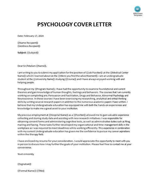 psychology cover letter allbusinesstemplatescom