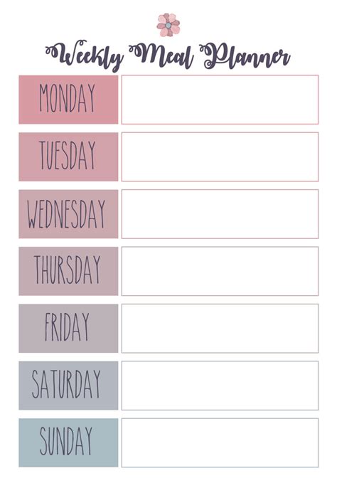 weekly menu planner printable  template