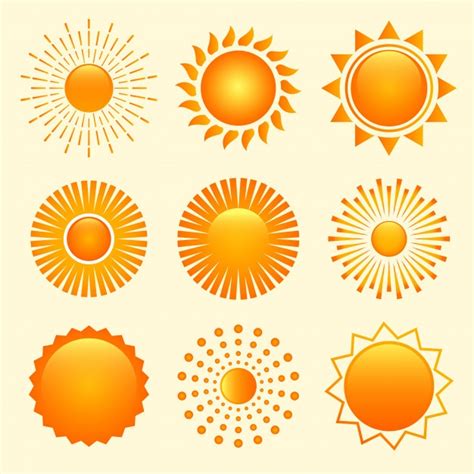 Conjunto De Nove ícones De Formas De Sol Em Estilos Diferentes Vetor