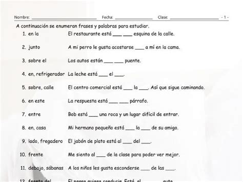 place prepositions spanish study sheet teaching resources