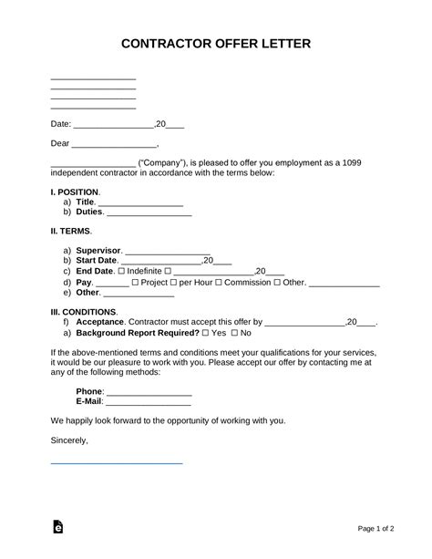 independent contractor  offer letter template sample