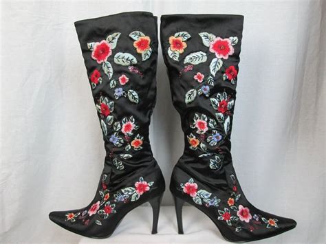 black floral boots shiny satin knee high fashion shoes size  handmade fashionkneehigh
