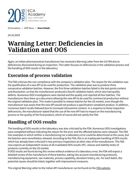 warning letter deficiencies  validation  oos eca academy food