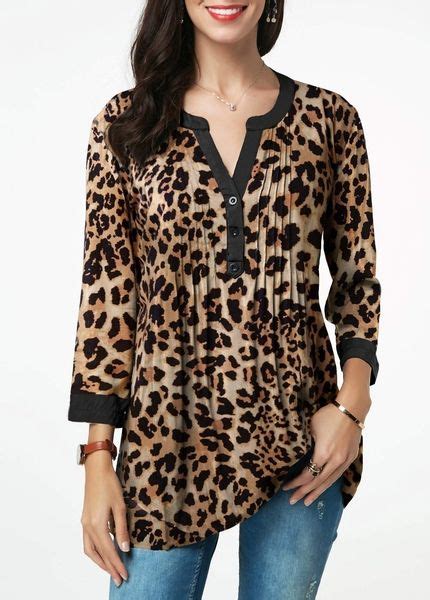 leopard print split neck crinkle chest blouse leopard print blouse printed blouse