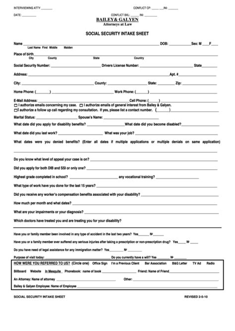 Social Security Intake Sheet Form Printable Pdf Download