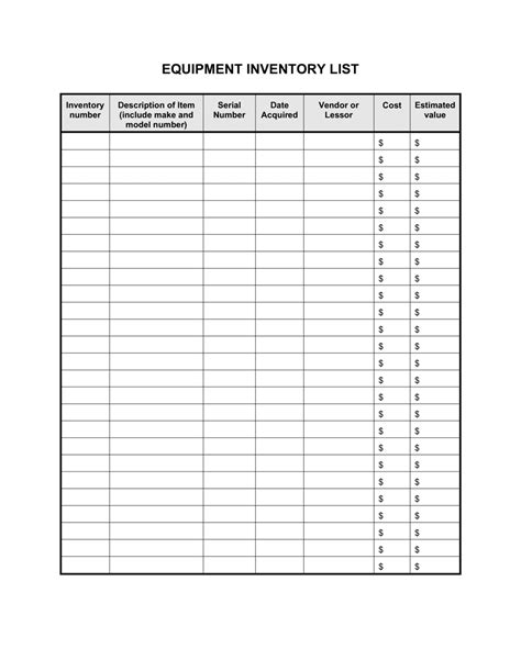 equipment list template  word  excel templates