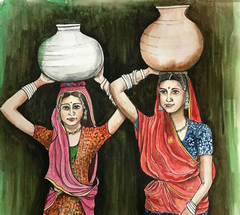Indian Village Women With Pots Watercolor And Ink Pen Drawing On