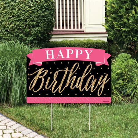 chic happy birthday pink black  gold birthday party yard sign
