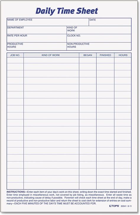 tops daily employee time  job sheet    inches  sheets