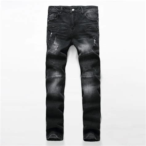 fashion stretch jeans men famous brand ripped jeans elastic designer biker black denim