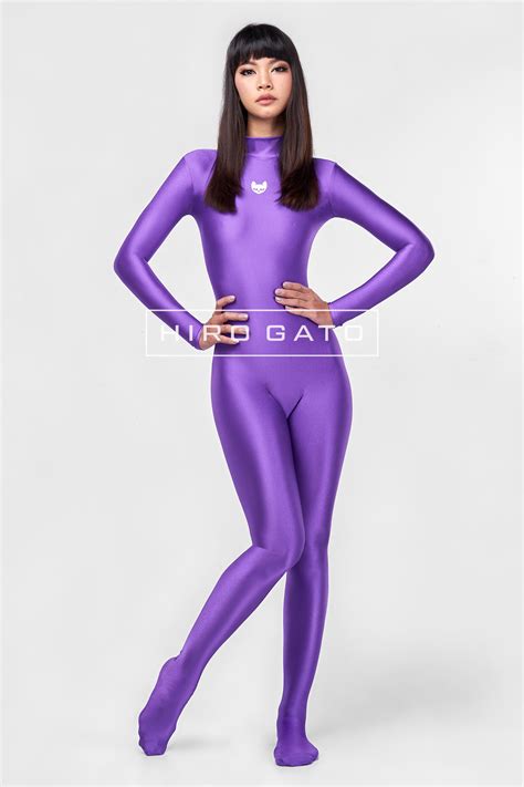 hiro gato shiny spandex catsuit purple burning suit rave party etsy