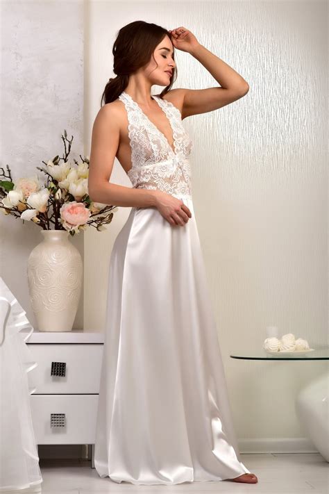 Ivory Honeymoon Lingerie Wedding Long Nightgown Bridal Satin Etsy