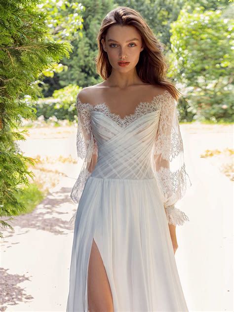 shoulder sheath wedding dress  lace bishop style sleeves