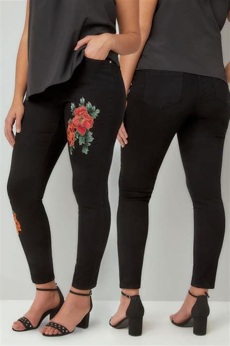 black floral embroidered skinny ava jeans plus size 16 to 28
