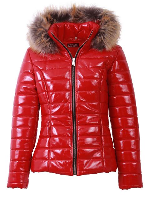 womens jacket ladies quilted wet look shiny padded puffer faux fur
