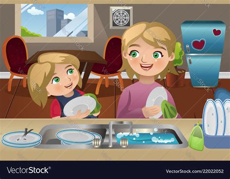 Mother Daughter Washing Dishes Royalty Free Vector Image