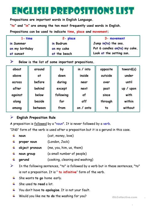prepositions list worksheet  esl printable worksheets