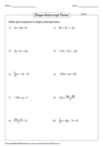 slope intercept form  equation    worksheets