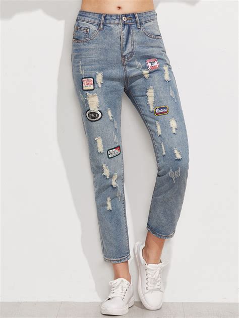 Blue Bleach Wash Ripped Patches Jeans Patched Jeans Jeans Women Jeans