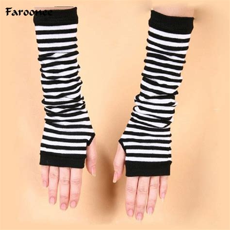 Faroonee New Women Lady Striped Elbow Gloves Warmer Knitted Long