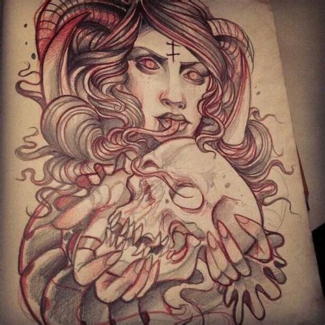 Neotraditional Demon Woman Sketch By Grindesign Tatts Pinterest