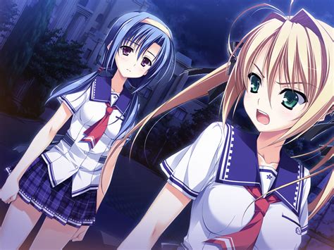 2girls Akabeisoft2 Blonde Hair Blue Hair Game Cg Green Eyes Headband