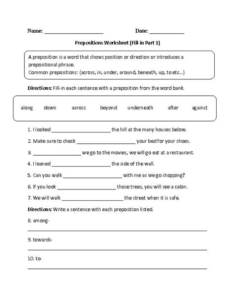 grade language arts worksheets prepositions  images