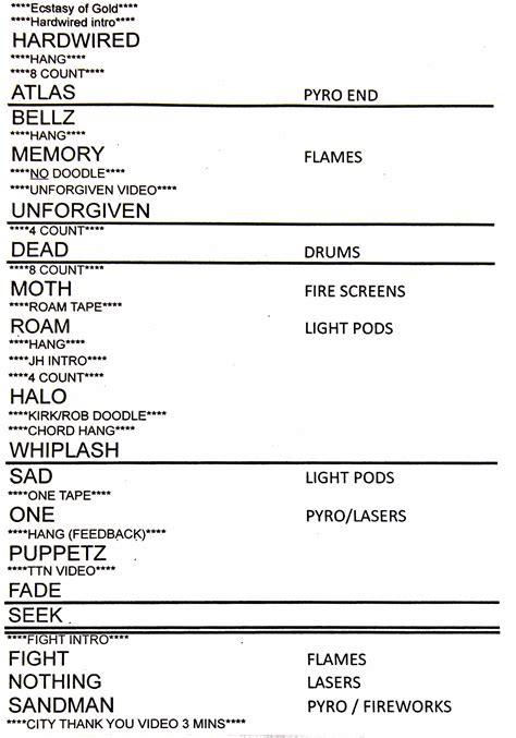 printable setlist   vancouver show      rmetallica