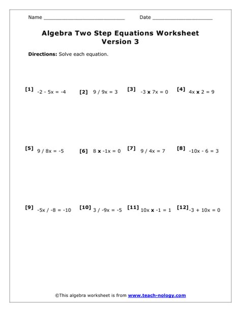 step equation worksheet version