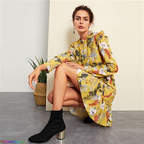 yellow floral frill trim botanical dress with images