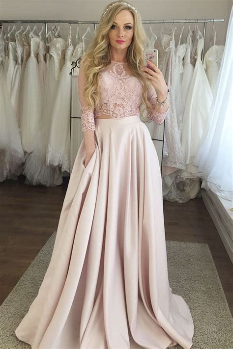 Two Piece 3 4 Sleeves Floor Length Pink Satin Prom Dress With Lace
