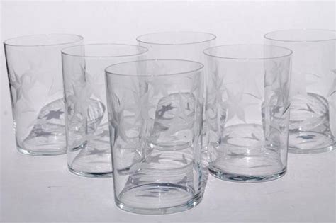 Vintage Star Flower Wheel Cut Etched Glass Tumblers Old Fashioned