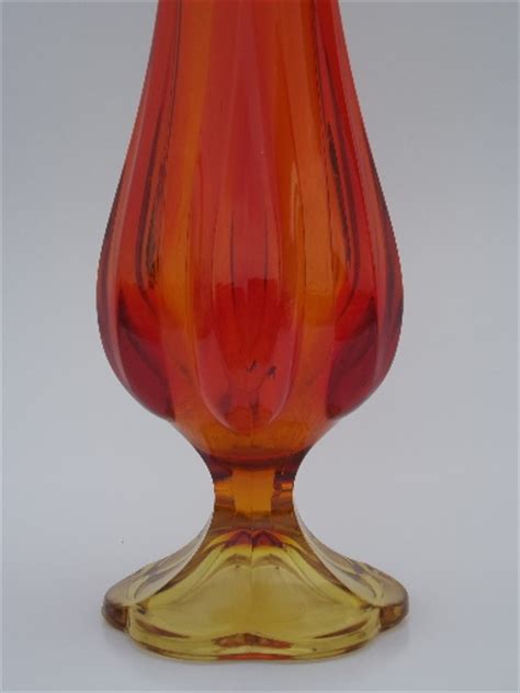 Tall Mod Amberina Orange Swung Glass Vase 60s Vintage