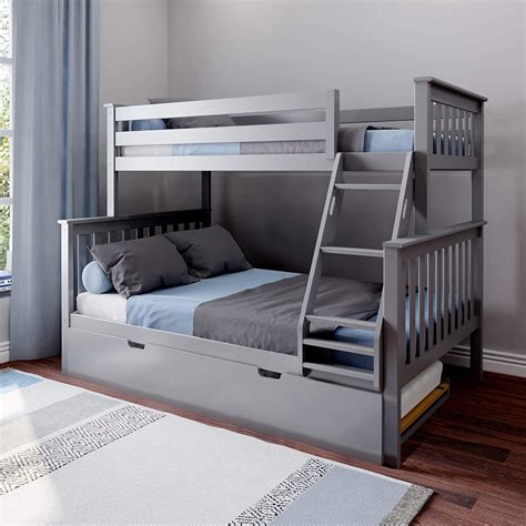 Max And Lily Solid Wood Twin Over Full Bunk Bed With Trundle Bed Grey