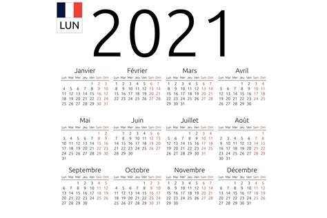 calendar 2021 french monday creative templates