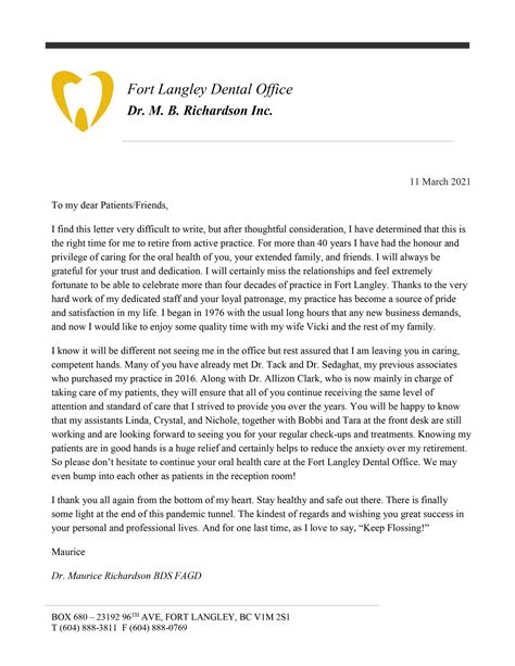 mbr retirement letter  fort langley dental office
