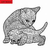 Coloring Cat Kitten Book Pages Zentangle Adults Mother Her Vector Illustration Bw Animal Drawn Hand Choose Board sketch template